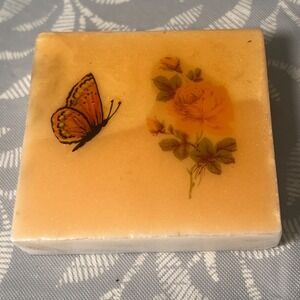 Vintage Butterfly and yellow rose Paperweight Stone Marble‎ Yellow 1970's